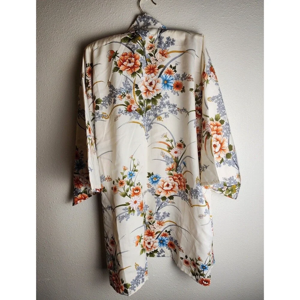 Vintage Floral Robe Duster Kimono Style Longline Open Front Tie Waist 3/4 Sleeve